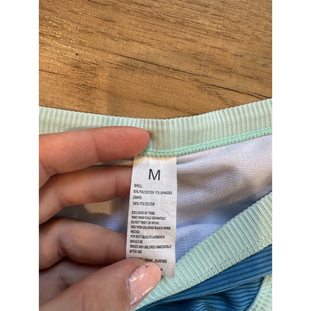 Blue Ribbed One Shoulder Bikini Set Mint Green Trim‎ Size Medium